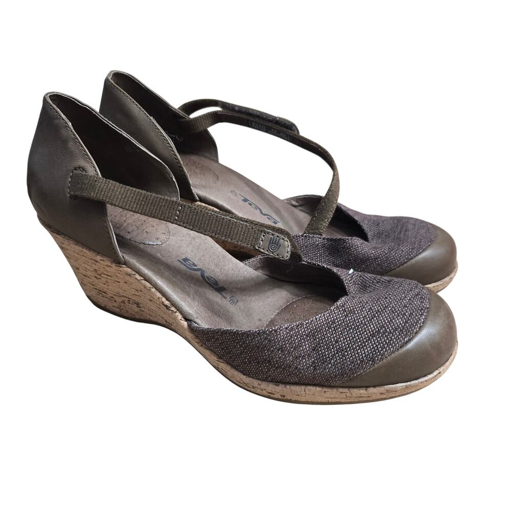 Teva Riviera Cork Wedge Mary Jane Strap Heels 9.5 Brown